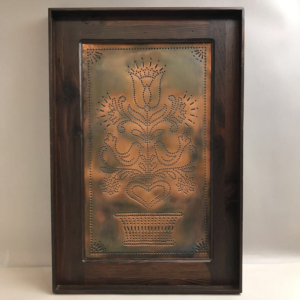 Vintage Framed Copper Punched Metal Flower Wall Art (25x16)