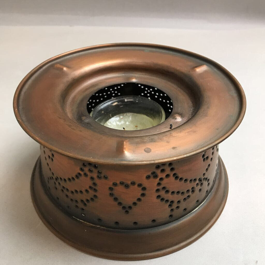 Vintage Pfaltzgraff Village Punched Solid Copper Warmer Candle Holder Bird Tarnished (3x7)