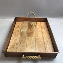 Load image into Gallery viewer, Smith &amp; Hawken Rustic Chic Wood &amp; Copper Tray with Rope Handles (3x18x15)
