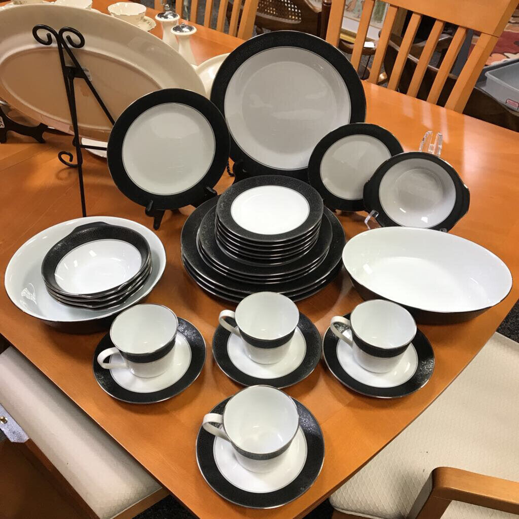 Noritake Mirano China Set of 37 White Black Band Etched Flowers