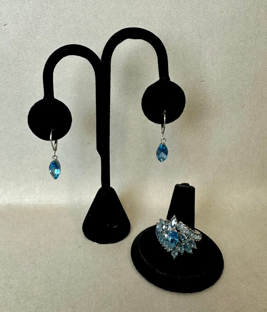 Stainless Steel Blue Topaz Cocktail Ring w/ Matching Earrings (sz 9)