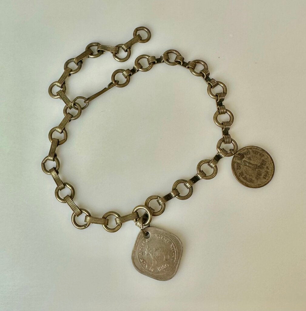 Vintage Brass Chain Bracelet Anklet w/ 1950 1957 Indian Coin Charms (11