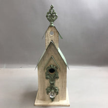 Load image into Gallery viewer, Wooden White Wash Birdhouse with Green Decor (19&quot;)
