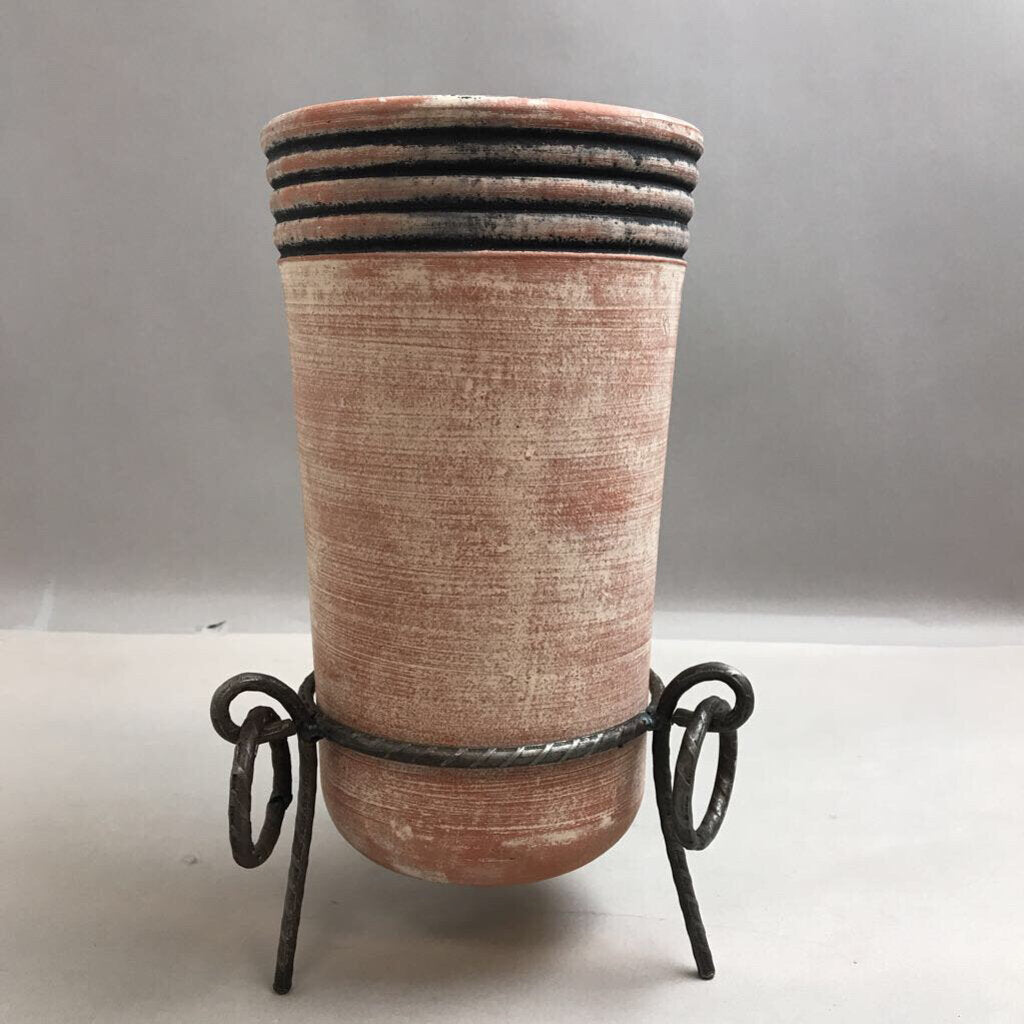 Terra Cotta Pottery Vase On Metal Stand (13