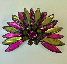 Load image into Gallery viewer, Vintage Selro &amp; Selini Black Enamel Pink &amp; Green Rhinestone Brooch Pin (3&quot;)
