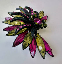 Load image into Gallery viewer, Vintage Selro &amp; Selini Black Enamel Pink &amp; Green Rhinestone Brooch Pin (3&quot;)
