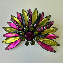 Load image into Gallery viewer, Vintage Selro &amp; Selini Black Enamel Pink &amp; Green Rhinestone Brooch Pin (3&quot;)
