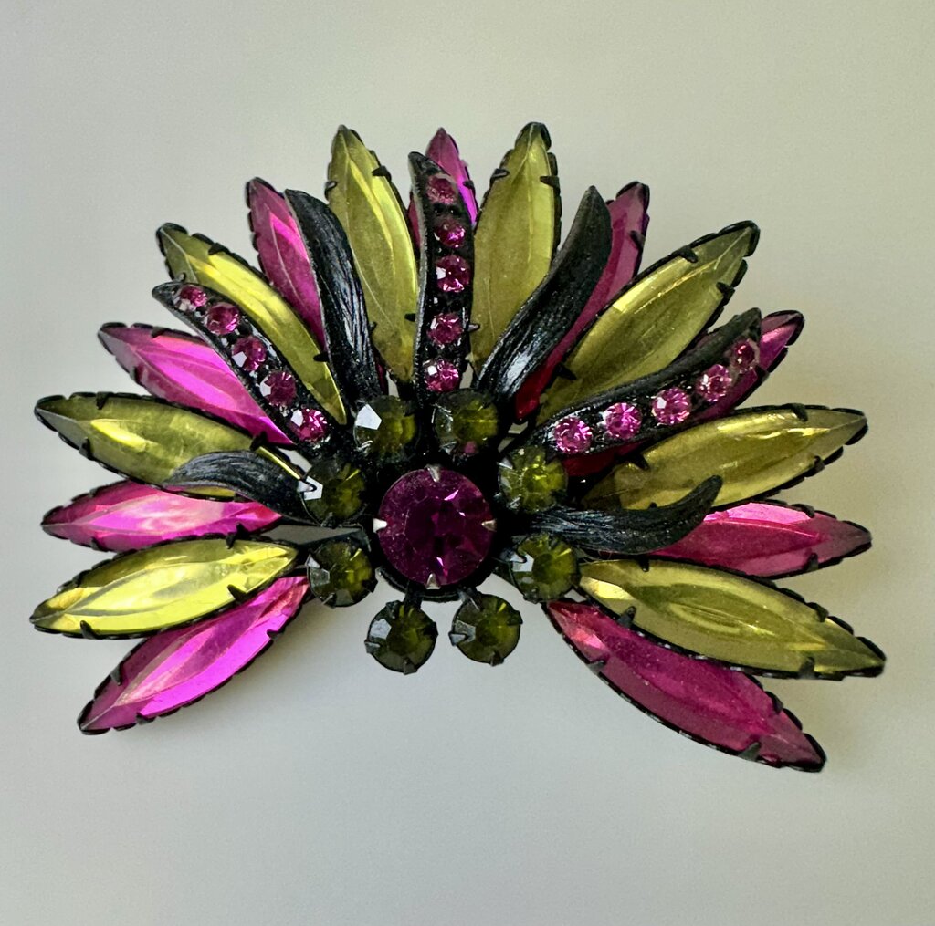 Vintage Selro & Selini Black Enamel Pink & Green Rhinestone Brooch Pin (3