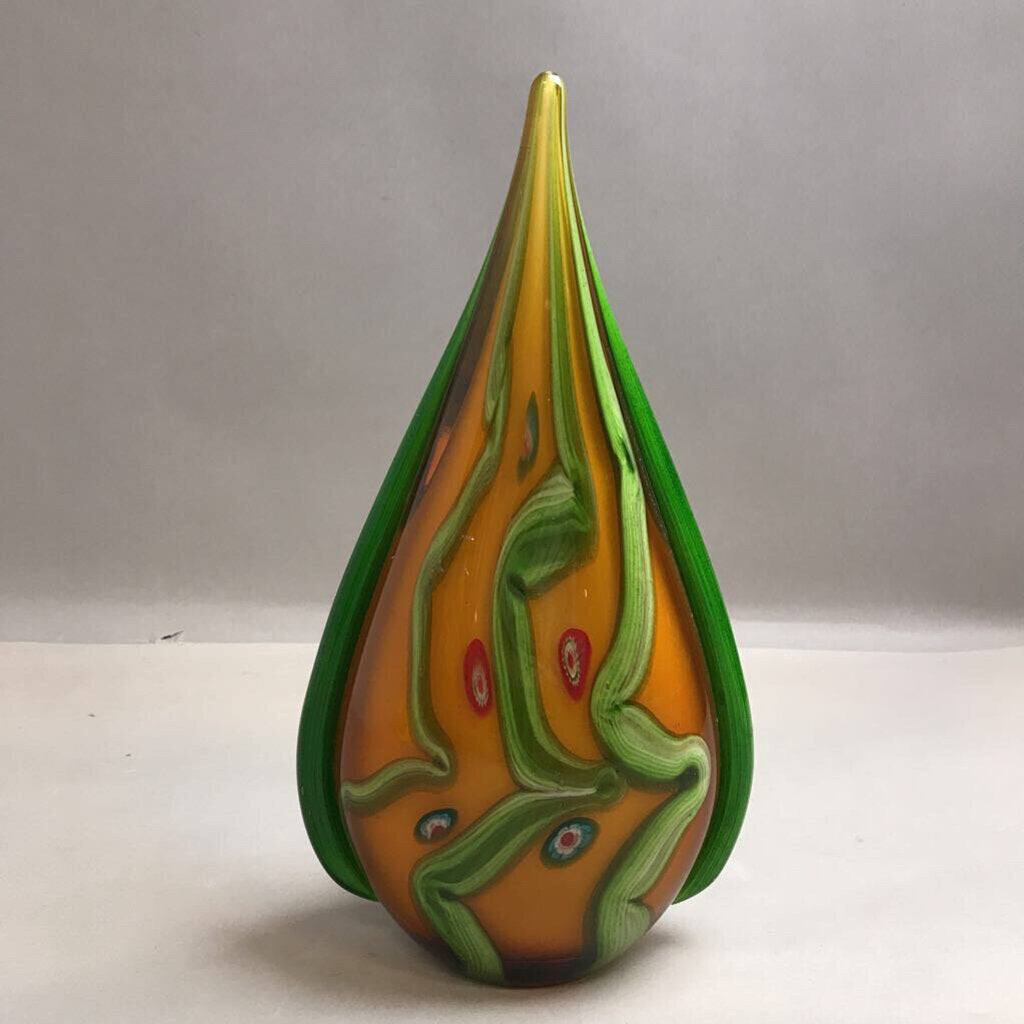 Gold & Green Teardrop Art Glass Sculpture (14