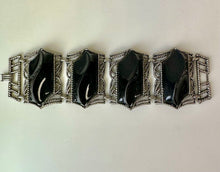Load image into Gallery viewer, Vintage Black Lucite Silvertone Large Panel Bracelet (7.5&quot;)
