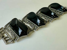 Load image into Gallery viewer, Vintage Black Lucite Silvertone Large Panel Bracelet (7.5&quot;)
