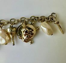Load image into Gallery viewer, Vintage Goldtone Faux Pearl Pirate Theme Charm Bracelet (7.25")
