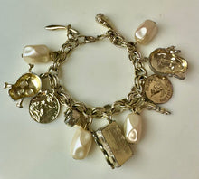 Load image into Gallery viewer, Vintage Goldtone Faux Pearl Pirate Theme Charm Bracelet (7.25&quot;)
