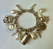 Load image into Gallery viewer, Vintage Goldtone Faux Pearl Pirate Theme Charm Bracelet (7.25")
