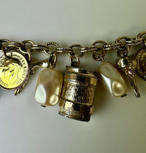 Load image into Gallery viewer, Vintage Goldtone Faux Pearl Pirate Theme Charm Bracelet (7.25&quot;)
