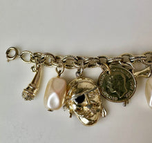 Load image into Gallery viewer, Vintage Goldtone Faux Pearl Pirate Theme Charm Bracelet (7.25&quot;)
