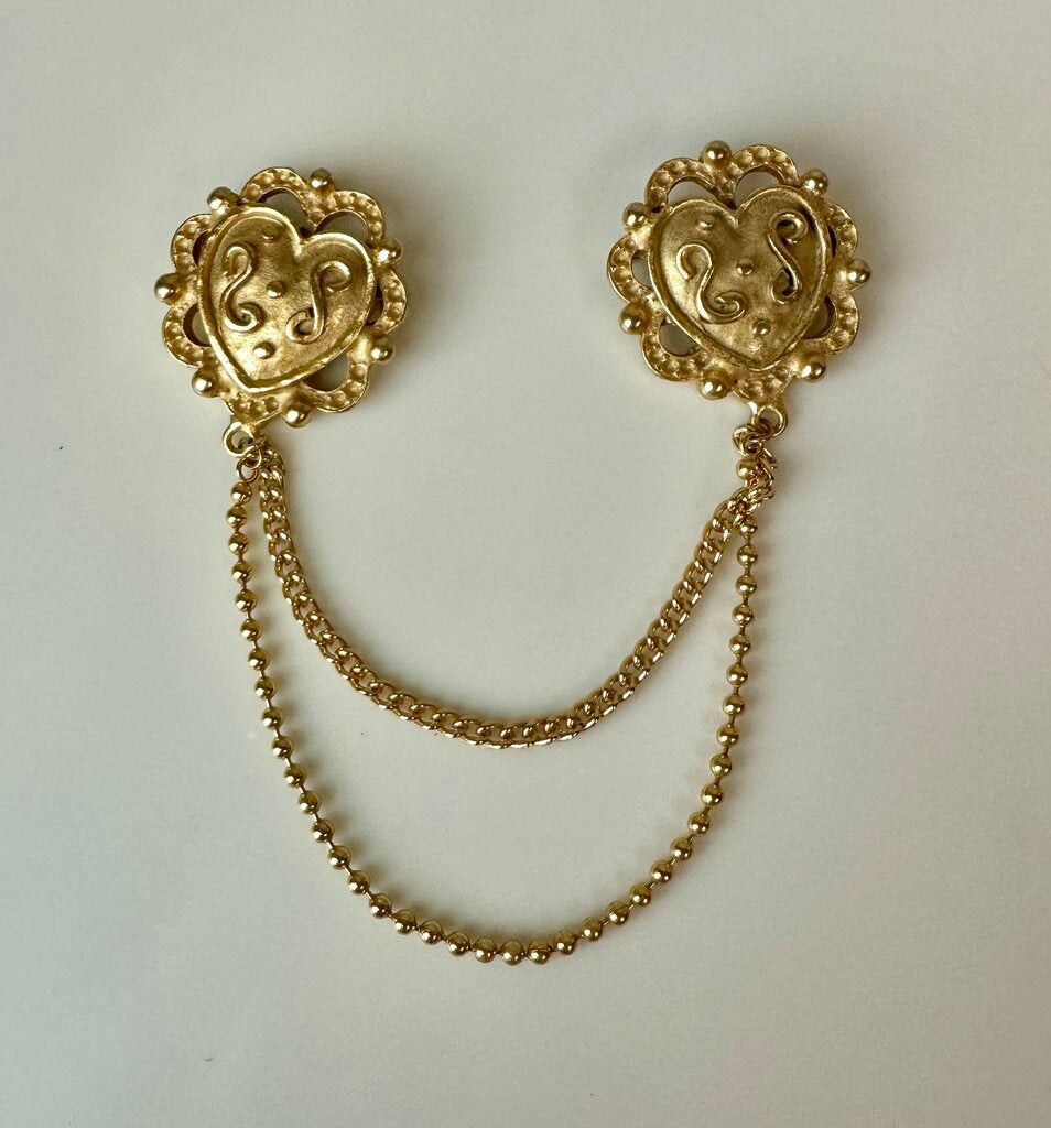 Vintage Chatelaine Goldtone Heart Chained Brooch Set
