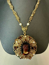 Load image into Gallery viewer, Vintage West German Faux Tortoise Cameo Goldtone Rhinestone Faux Pearl Necklace (26")
