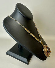 Load image into Gallery viewer, Vintage West German Faux Tortoise Cameo Goldtone Rhinestone Faux Pearl Necklace (26")
