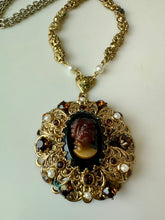 Load image into Gallery viewer, Vintage West German Faux Tortoise Cameo Goldtone Rhinestone Faux Pearl Necklace (26")
