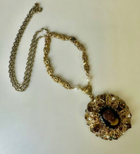Load image into Gallery viewer, Vintage West German Faux Tortoise Cameo Goldtone Rhinestone Faux Pearl Necklace (26")
