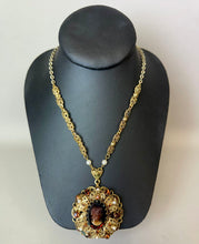 Load image into Gallery viewer, Vintage West German Faux Tortoise Cameo Goldtone Rhinestone Faux Pearl Necklace (26")

