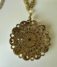 Load image into Gallery viewer, Vintage West German Faux Tortoise Cameo Goldtone Rhinestone Faux Pearl Necklace (26")
