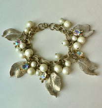 Load image into Gallery viewer, Vintage Goldtone Faux Pearl Aurora Borealis Rhinestone Leaf Charm Bracelet (7")
