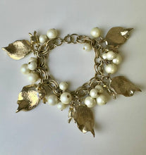 Load image into Gallery viewer, Vintage Goldtone Faux Pearl Aurora Borealis Rhinestone Leaf Charm Bracelet (7")
