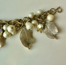Load image into Gallery viewer, Vintage Goldtone Faux Pearl Aurora Borealis Rhinestone Leaf Charm Bracelet (7")
