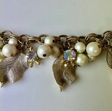 Load image into Gallery viewer, Vintage Goldtone Faux Pearl Aurora Borealis Rhinestone Leaf Charm Bracelet (7")
