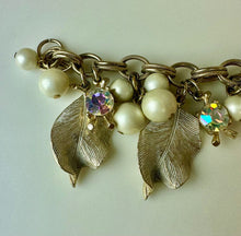 Load image into Gallery viewer, Vintage Goldtone Faux Pearl Aurora Borealis Rhinestone Leaf Charm Bracelet (7")
