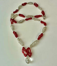Load image into Gallery viewer, Vintage Red &amp; Clear Layered Seed Bead Crystal Drop Necklace (25&quot;)
