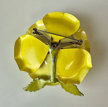 Load image into Gallery viewer, Vintage Enameled Metal Yellow Rose Brooch Pin &amp; Clip Earrings Set (3&quot;, 1&quot;)
