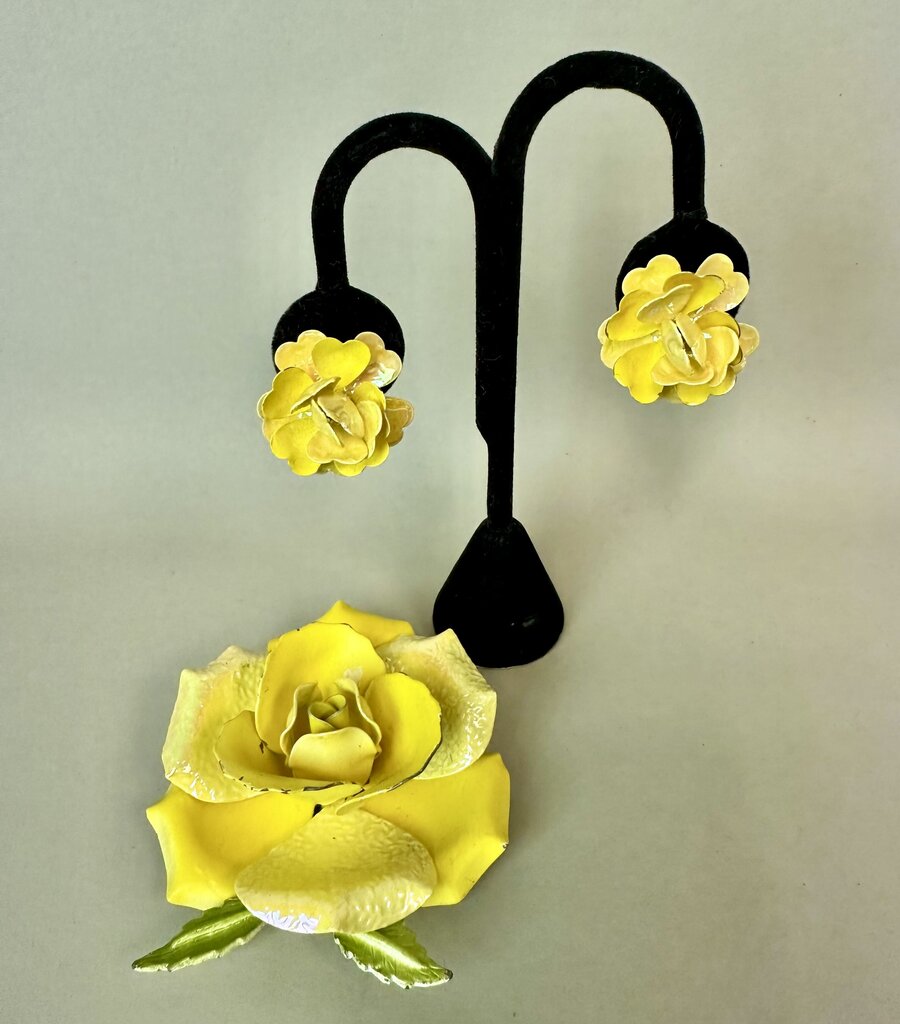 Vintage Enameled Metal Yellow Rose Brooch Pin & Clip Earrings Set (3