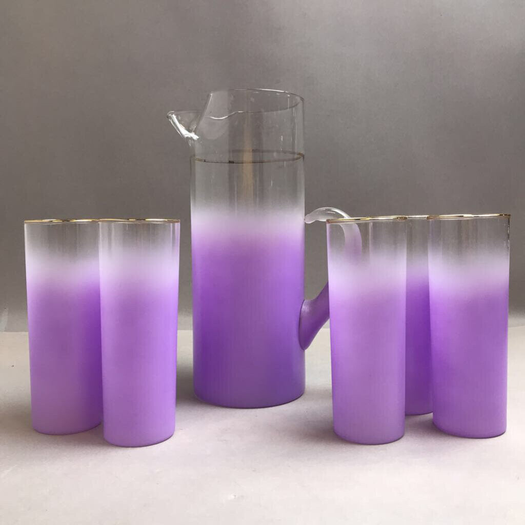 MCM Blendo Orchid Ombré Purple With Gold Trim Pitcher And Glasses 7 Piece