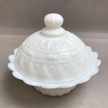 Load image into Gallery viewer, Vintage Kemple Milk Glass Lace &amp; Dewdrop Covered Dish (6&quot;)
