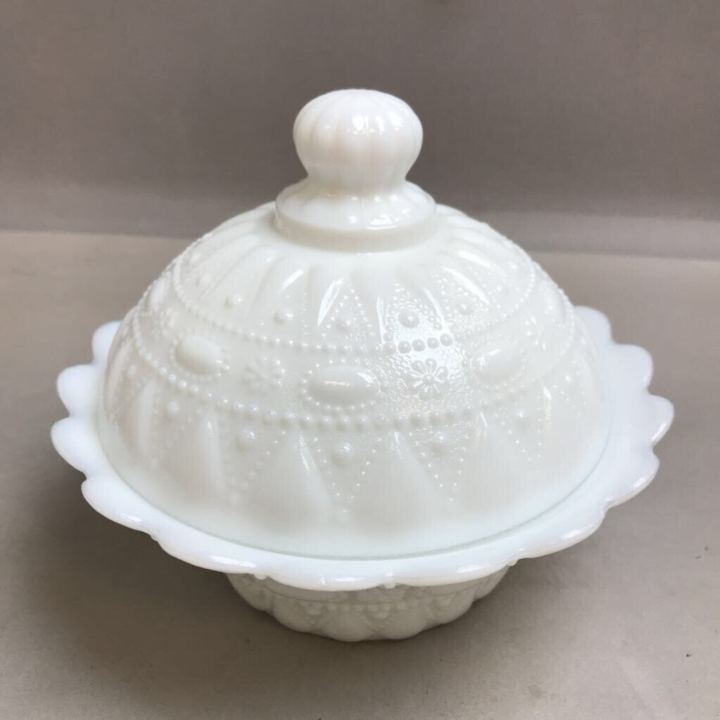 Vintage Kemple Milk Glass Lace & Dewdrop Covered Dish (6
