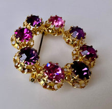 Load image into Gallery viewer, Vintage Goldtone Pink &amp; Purple Austrian Crystal Circle Brooch Pin (1.5&quot;)
