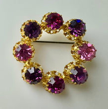 Load image into Gallery viewer, Vintage Goldtone Pink &amp; Purple Austrian Crystal Circle Brooch Pin (1.5&quot;)
