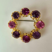 Load image into Gallery viewer, Vintage Goldtone Pink &amp; Purple Austrian Crystal Circle Brooch Pin (1.5&quot;)
