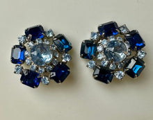 Load image into Gallery viewer, Vintage Shades of Blue Rhinestone Clip Earrings (1.25&quot;)
