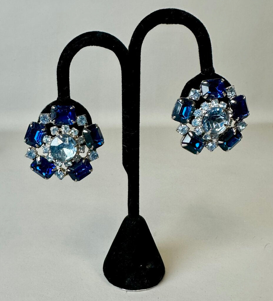 Vintage Shades of Blue Rhinestone Clip Earrings (1.25