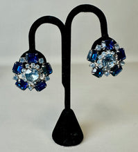 Load image into Gallery viewer, Vintage Shades of Blue Rhinestone Clip Earrings (1.25")
