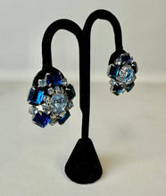 Load image into Gallery viewer, Vintage Shades of Blue Rhinestone Clip Earrings (1.25&quot;)
