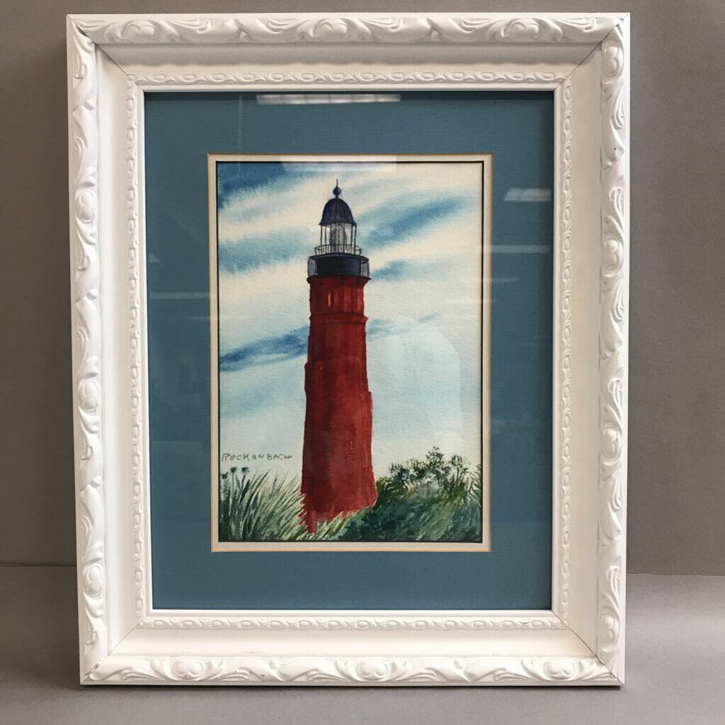 White Framed Light House Water Color Print (14x17)