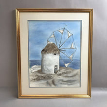 Load image into Gallery viewer, Signed Helen Jones Watercolor - Mediterranean Coastal Windmill (24.5x21.5)
