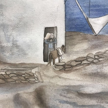 Load image into Gallery viewer, Signed Helen Jones Watercolor - Mediterranean Coastal Windmill (24.5x21.5)
