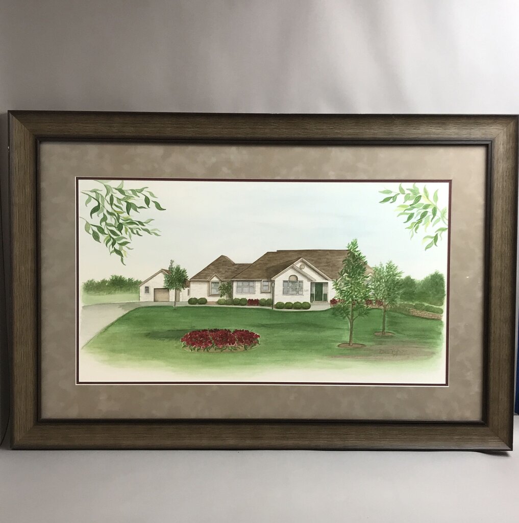 Signed Helen Jones Watercolor - Suburban Ranch-Style Home (27x41)
