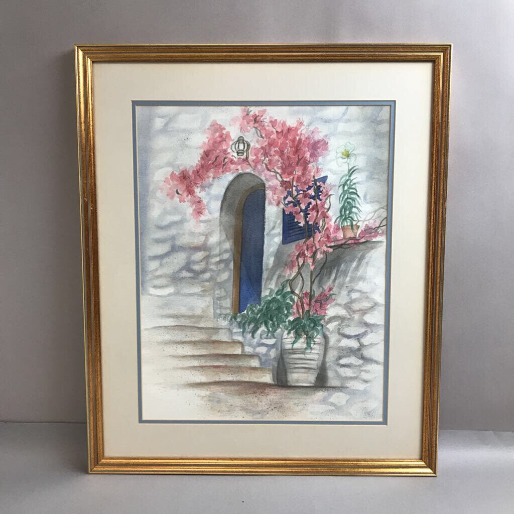 Signed Helen Jones Watercolor - Mediterranean Courtyard Scene (24x20)